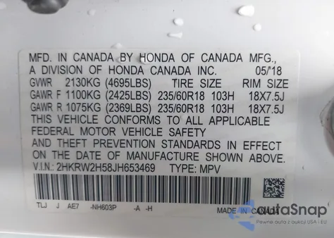 2018 Honda Cr-V Ex from USA, damaged, VIN 2HKRW2H58JH653469